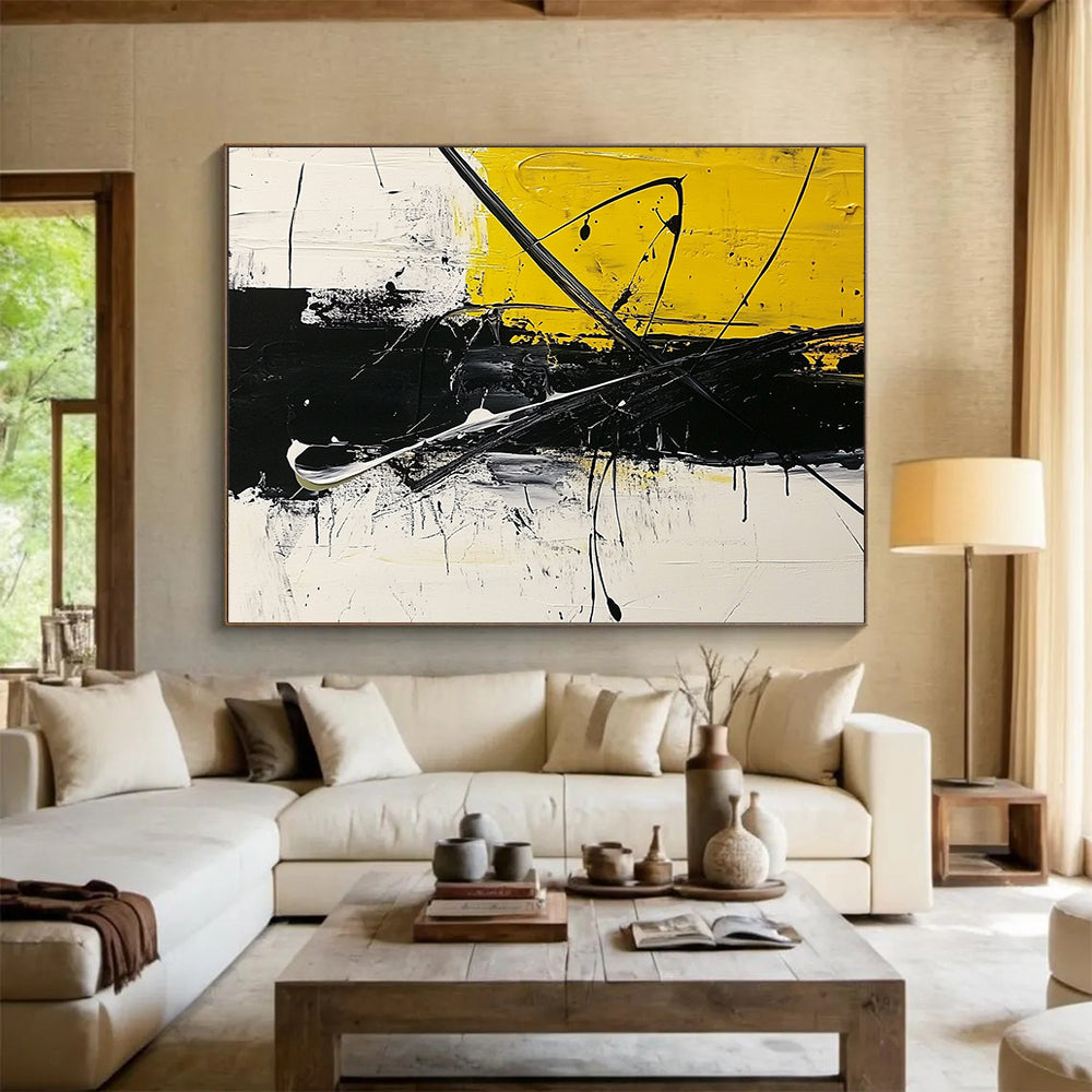 “Bold Yellow - Black Strokes” - Yellow, Black, White, Dynamic Abstract Lines - Acrylic Painting HB1626