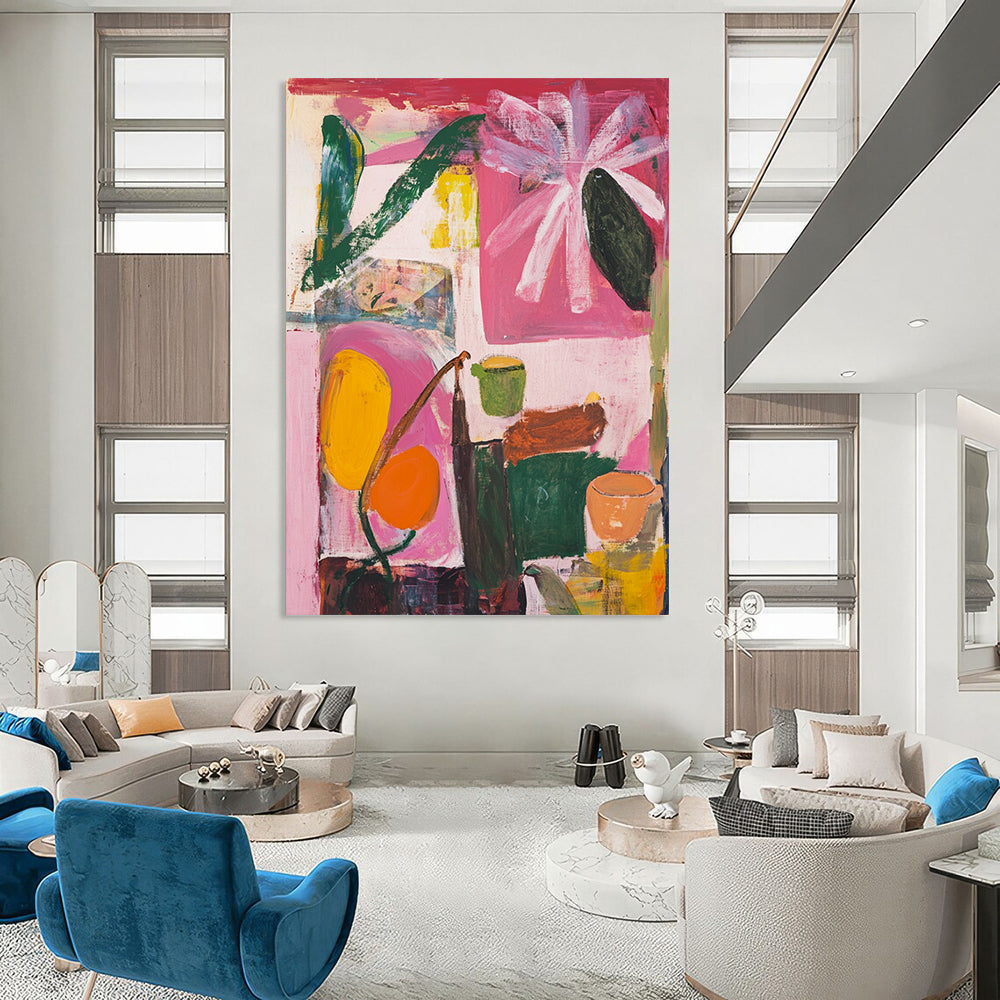 Contemporary abstract art features floral shapes in pink green and yellow against a light red background with a window and muted brown edges. DLZ0989