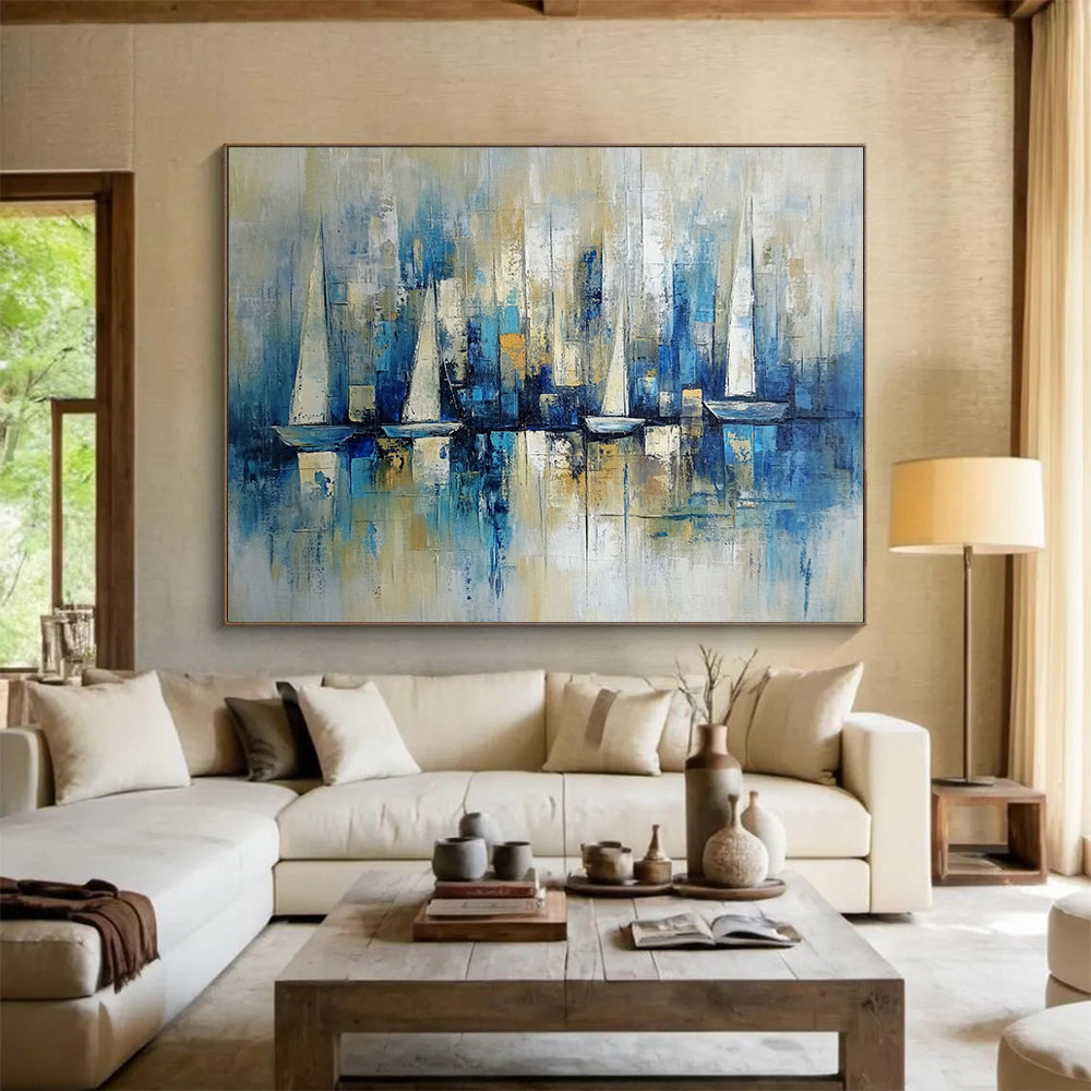“Blue Sailboat Skyline” - Blue, Beige, White, Abstract Harbor - Impressionist Oil Painting HB1498