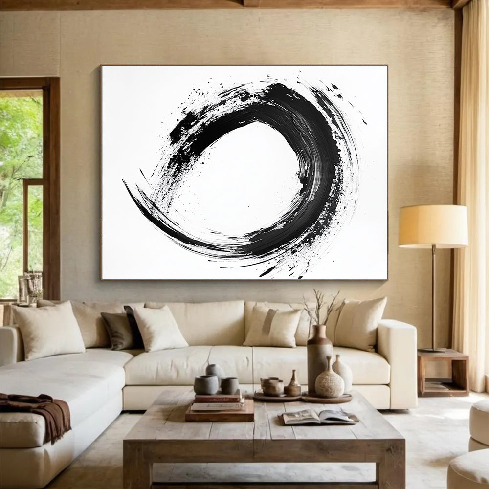 Black Textured Circular Ink - “Smooth Enso Flow” Painting On Canvas HB233
