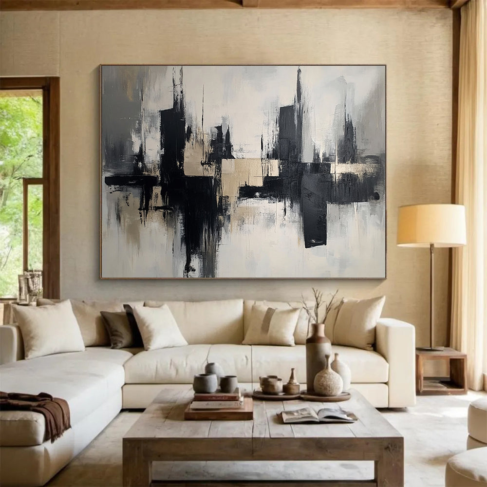 “Monochrome Cityscape Reflection” - Black, Gray, Beige, Abstract Urban Reflections - Abstract Acrylic Painting HB1672