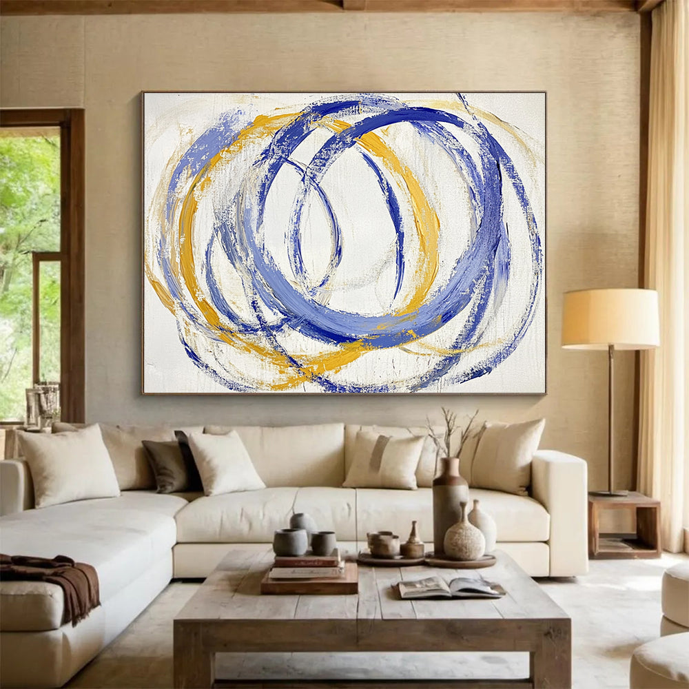 “Blue - Yellow Circular Rhythms” - Blue, Yellow, Circular Strokes Painting On Canvas HB0766