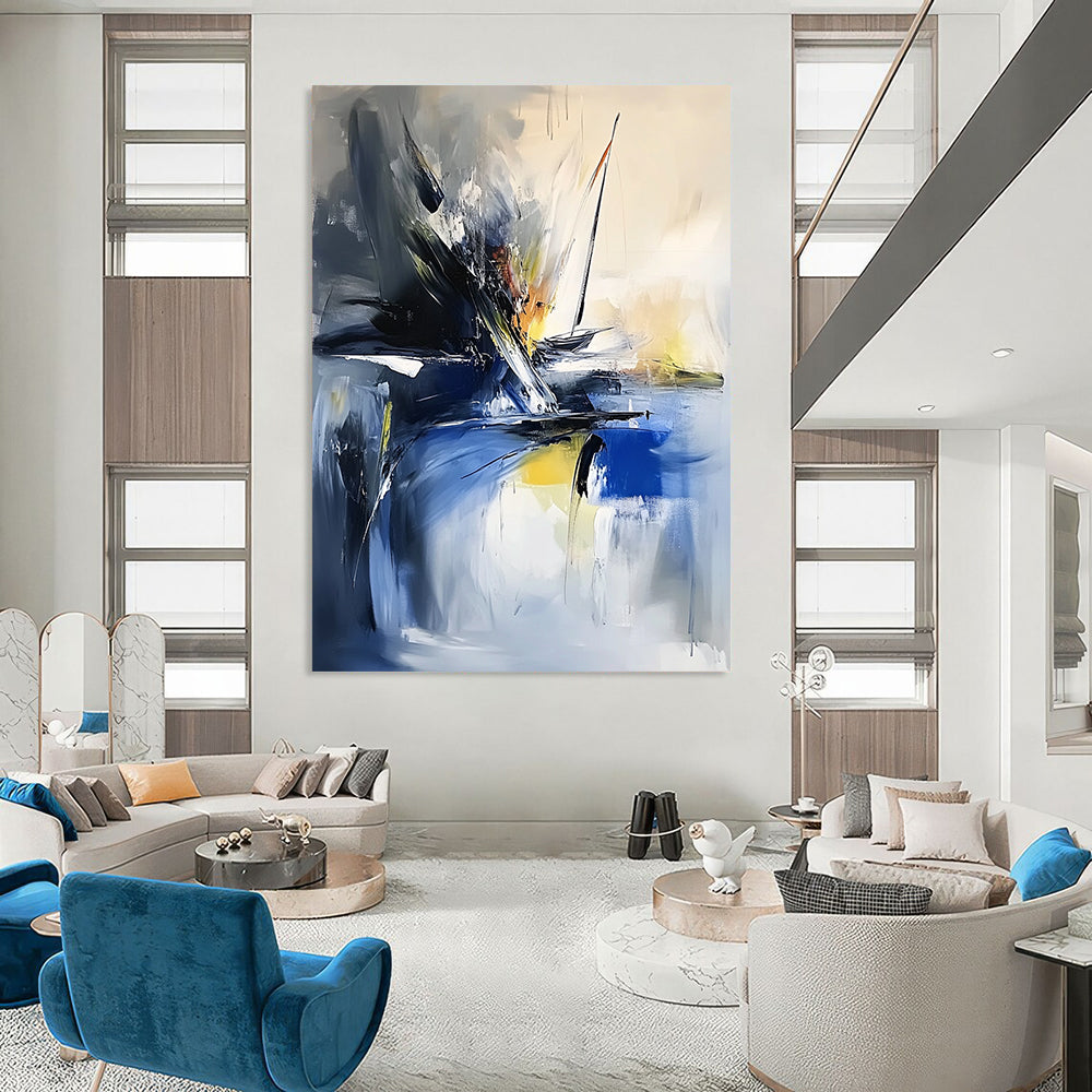 Modern abstract painting showcasing thick brush strokes and textured palette knife techniques in vibrant sea-inspired colors featuring a small sailboat in the corner. DLZ0957