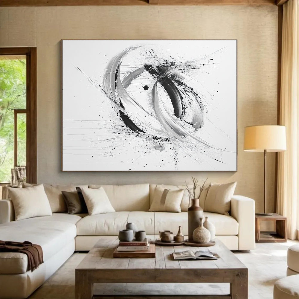Black, White and Gray Dynamic Swirl "Hybrid Energy" Painting On Canvas HB290
