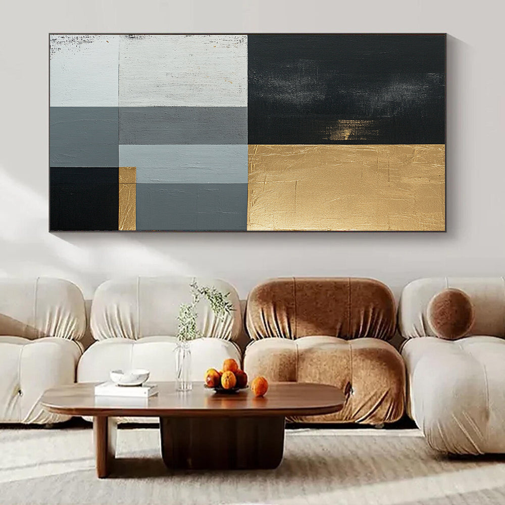 Black, Gold, Gray, White with Geometric Blocks "Elegant Geometry" Abstract Painting On Canvas HB001