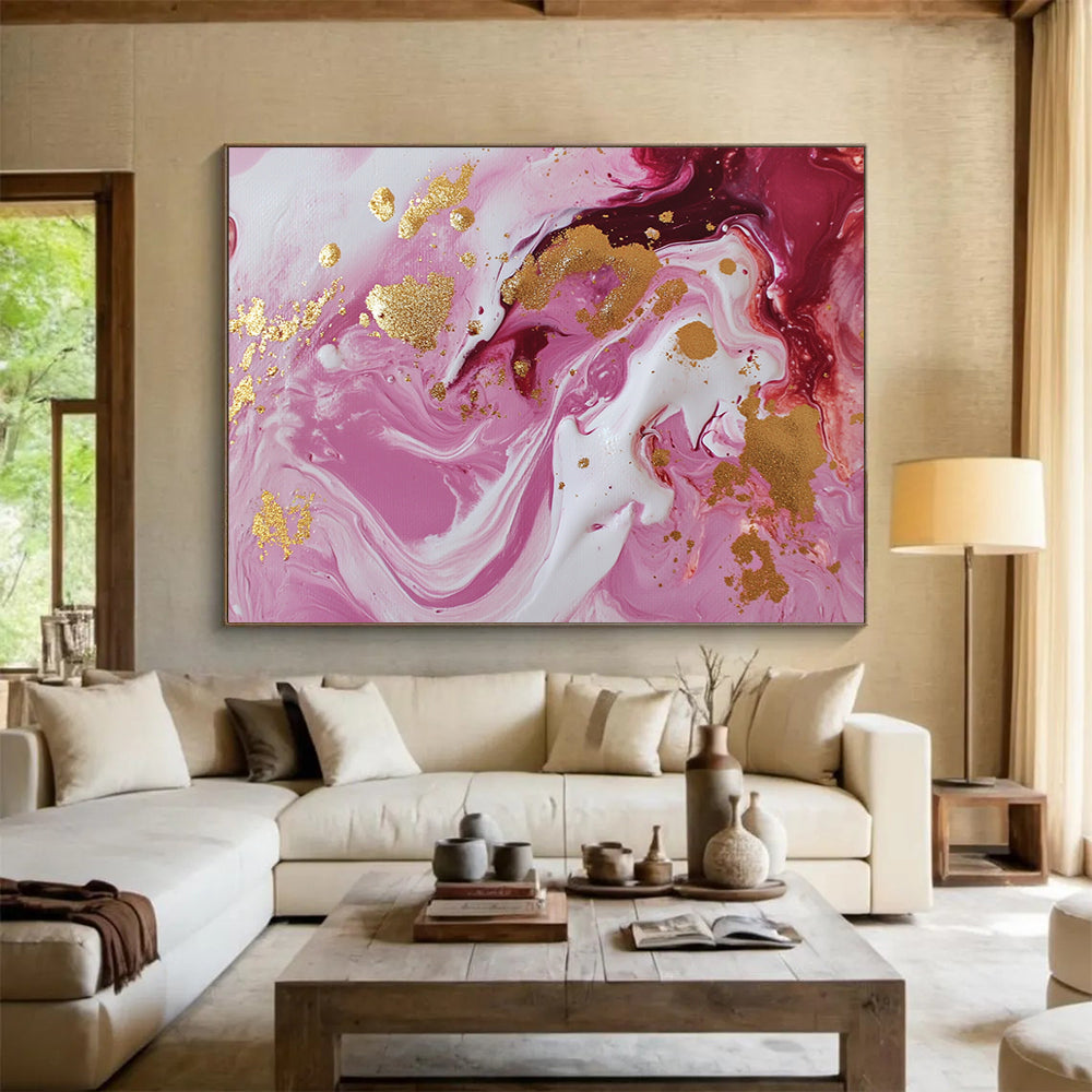 “Pink and Gold Swirl” - Pink, White, Gold, Fluid Swirling Patterns - Acrylic Pour Painting HB1728