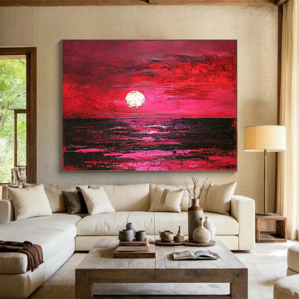 “Crimson Sunset Sea” - Deep Reds, Pinks, Purples, Ocean at Sunset - Textured Oil Painting HB1731