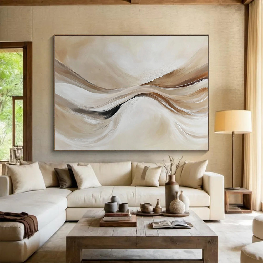 “Beige Flowing Waves” - Beige, White, Abstract Curves - Minimalist Acrylic Painting HB1489