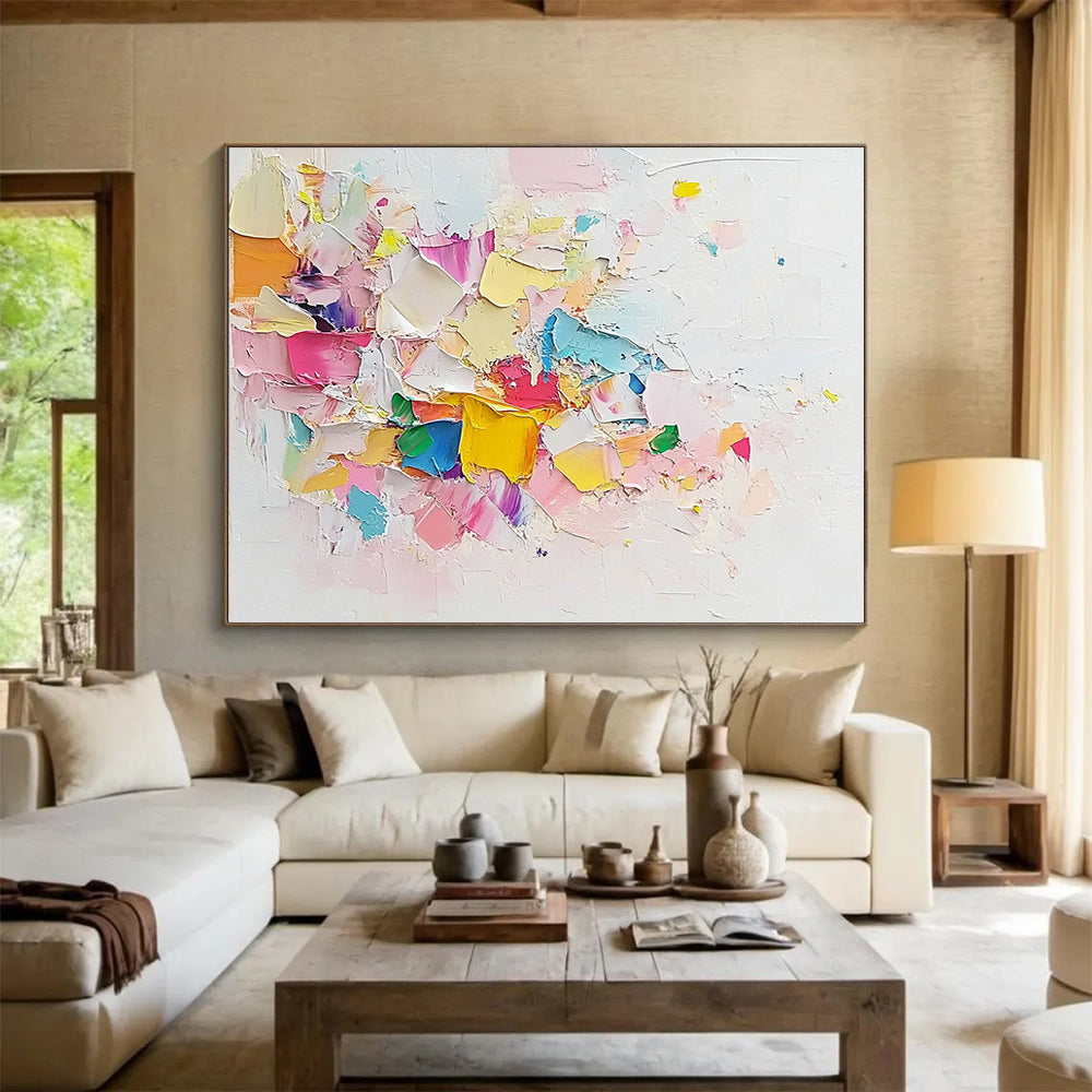 “Colorful Textured Abstract Collage” - Pink, yellow, blue, green, purple; Textured abstract collage; Mixed Media Painting On Canvas HB1223