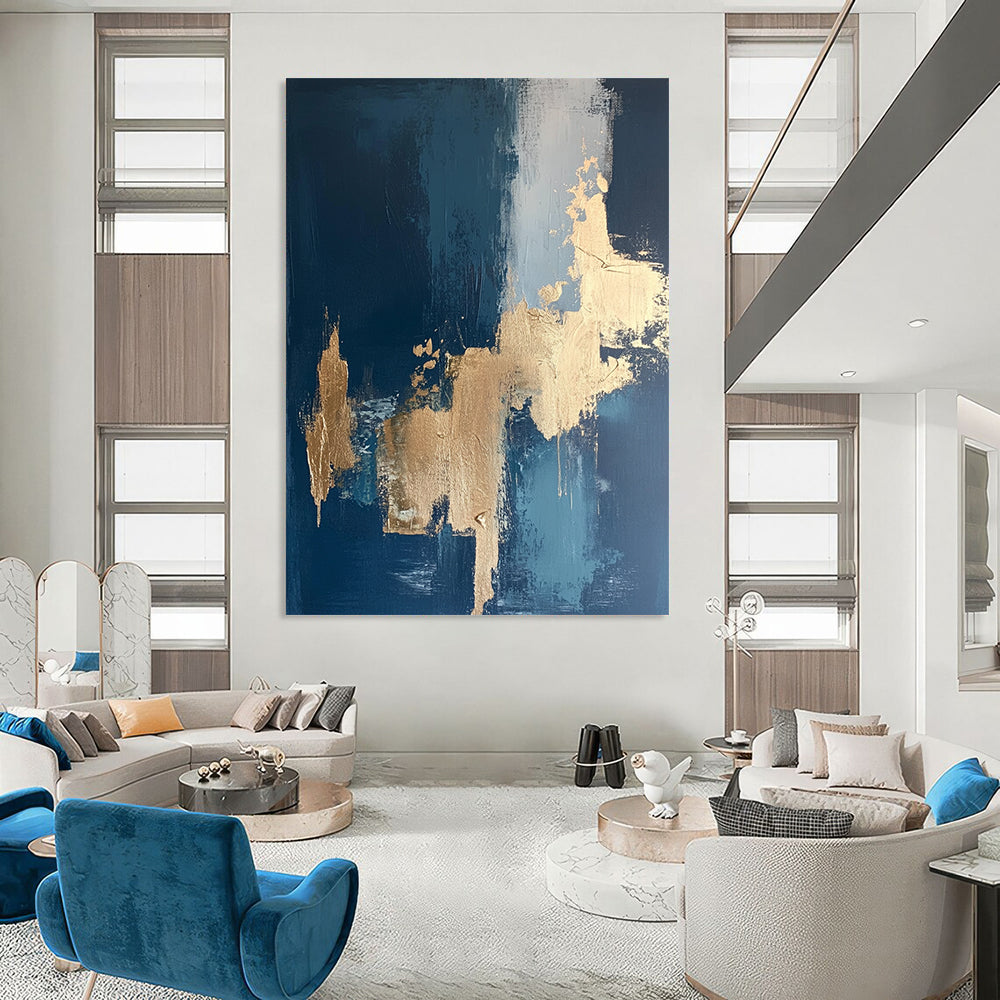 Contemporary hand-painted abstract art features intricate textures with gold leaf accents on a rich dark blue canvas. DLZ0331