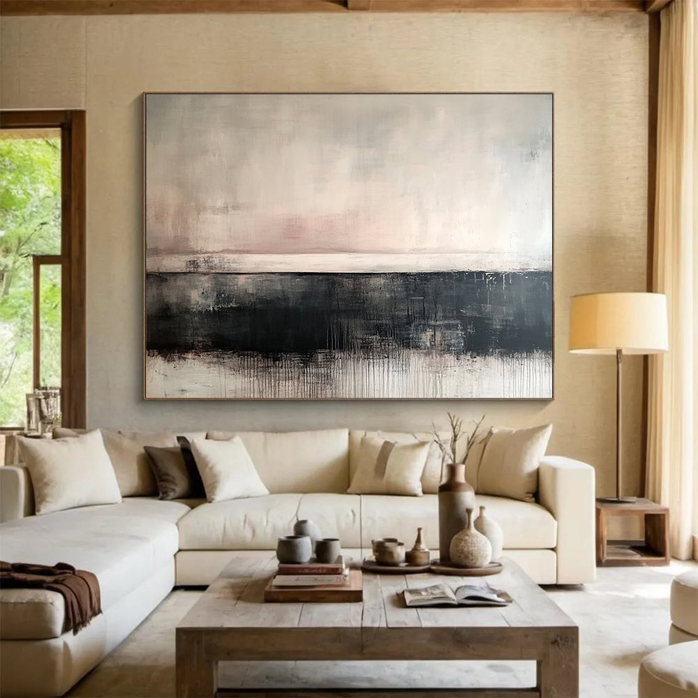 “Muted Abstract Horizon” - Soft tones of gray, beige, black; Abstract horizon with drip effects; Acrylic Painting On Canvas HB1266