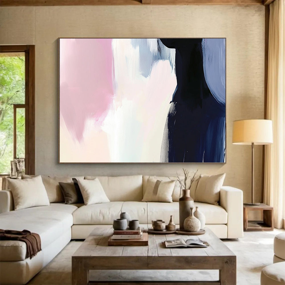 Soft Pink and Blue with Dark Silhouette - Minimalist Abstract Painting On Canvas HB0499