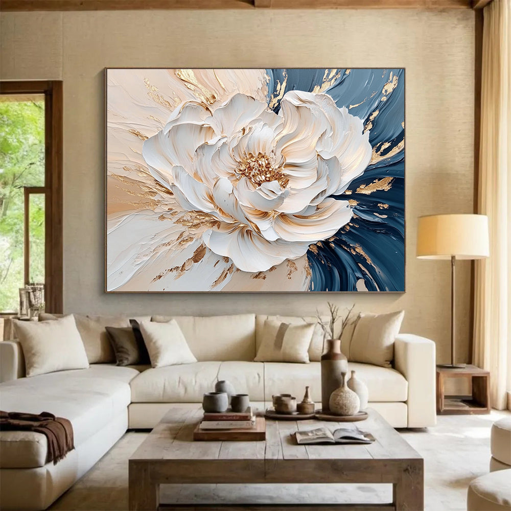 “Elegant Gold - Accented Peony” - White, Gold, Textured Peony Flower Painting On Canvas HB0879