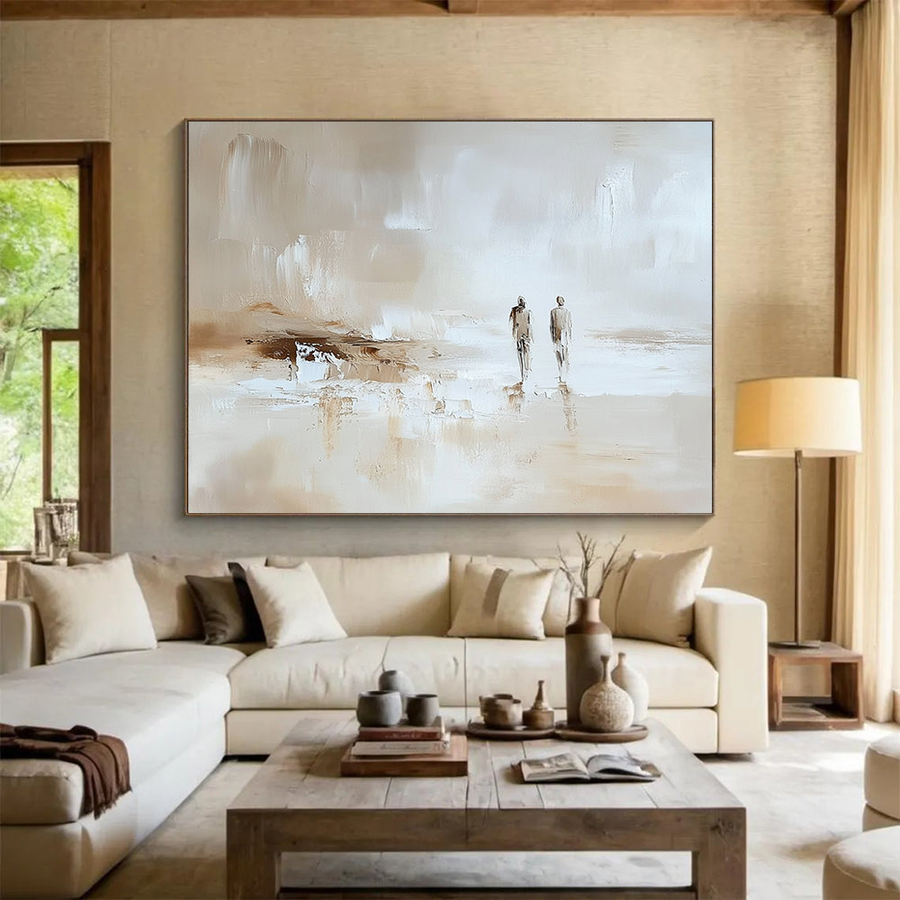 “Beach Stroll in Neutral Tones” - Beige, white, brown; Two figures walking on an abstract beach; Impasto Oil Painting On Canvas HB1196