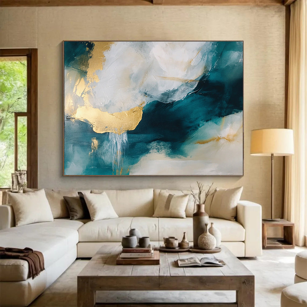 Teal, Gold, and White Fluid Dreams – Abstract Acrylic Flow Painting HB1467
