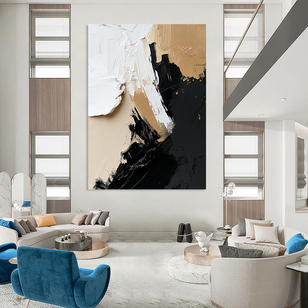 Large contemporary hand-painted abstract artwork featuring dynamic black, white, and beige textures for a striking wall display. DLZ0322