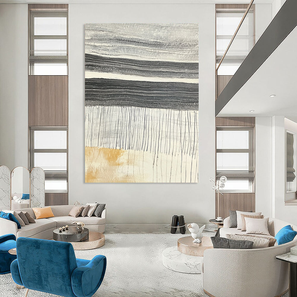 Contemporary abstract artwork showcasing textured stone slabs with dark gray horizontal ridges against a light gray background highlighting vibrant yellow chalk strokes. DLZ1224