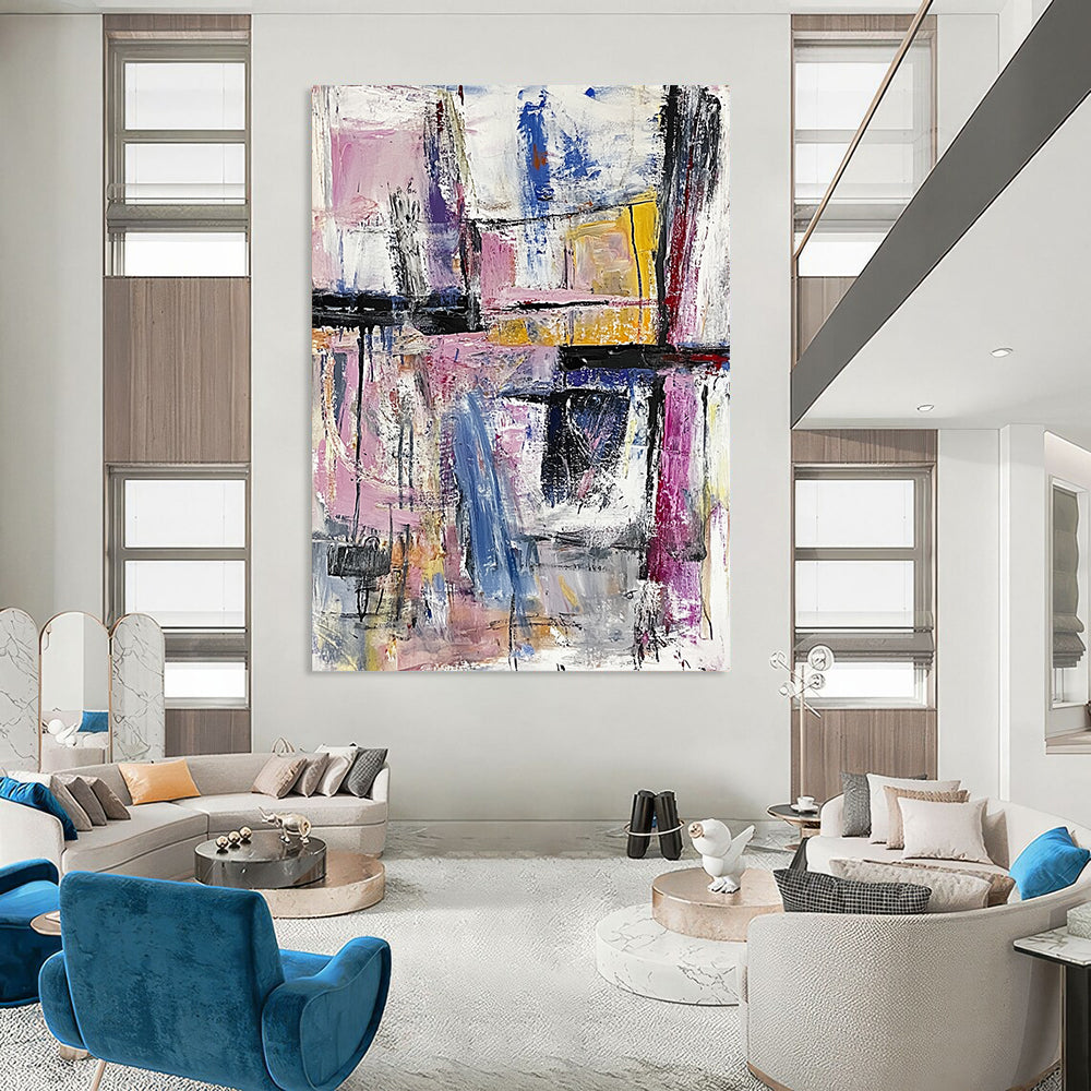 Contemporary hand-painted abstract artwork featuring an expressive urban landscape with bold brushstrokes and a pastel palette creating rich textures. DLZ0967