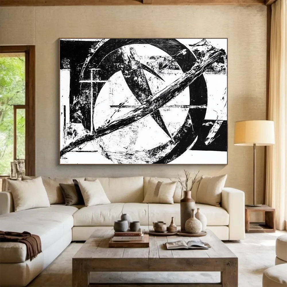 Black & White Abstract Geometric Marks - “Monochrome Urban Graffiti” Painting On Canvas HB221