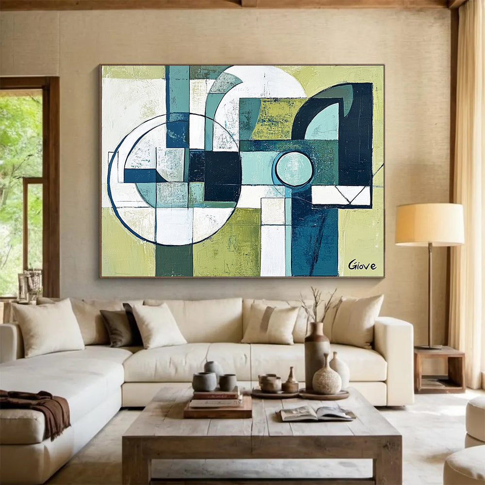 “Geometric Harmony” - Green, Blue, White, Abstract Geometric Shapes Painting On Canvas HB1063