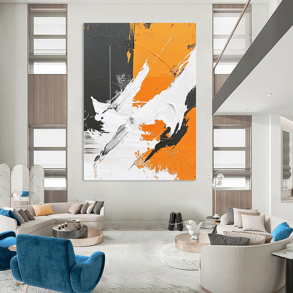 Contemporary hand-painted abstract art featuring thick brushstrokes, geometric elements, and a polar bear silhouette against a gray background with vibrant orange and white details. DLZ0653