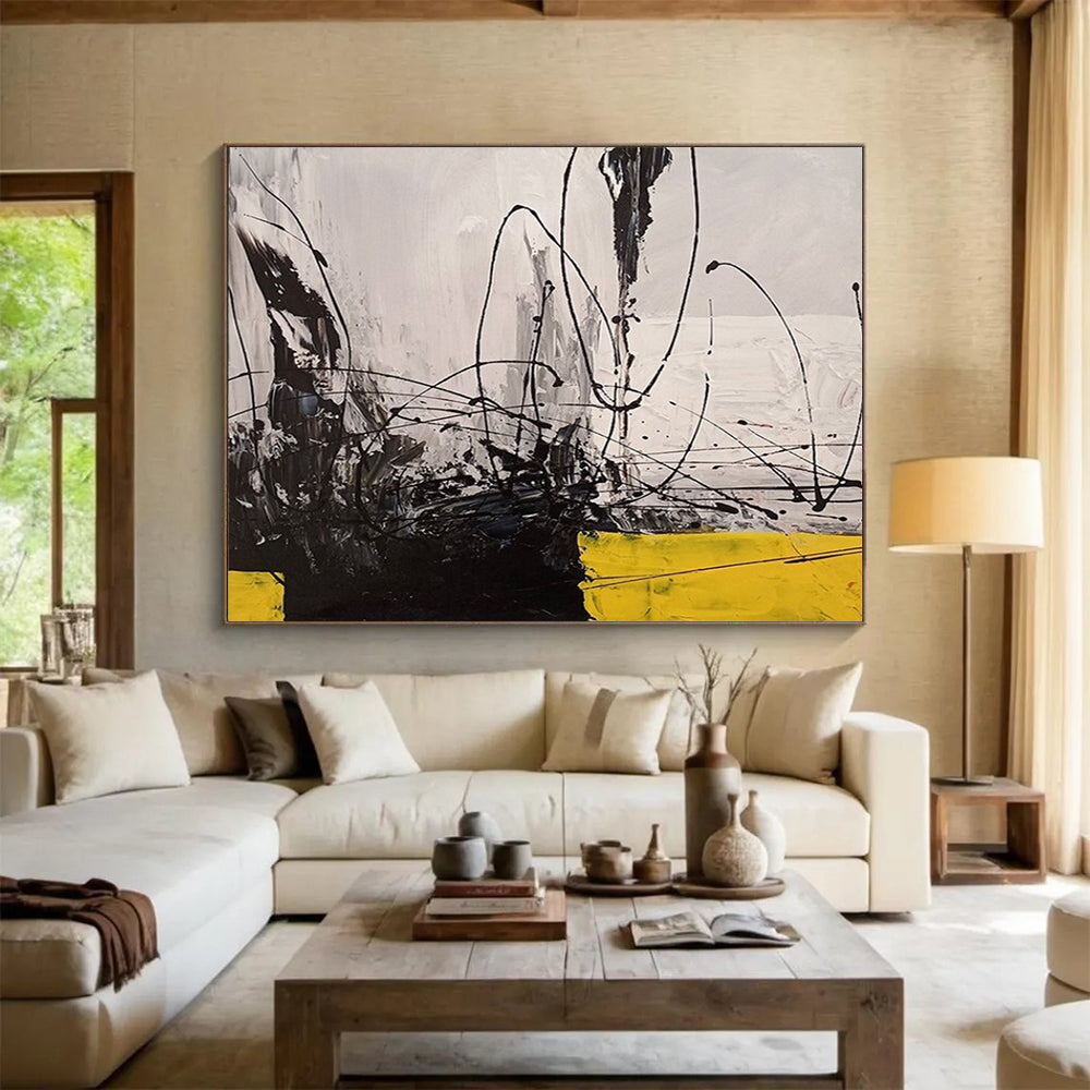 Black - White - Yellow Abstract Lines - Bold Modern Decor DLZ008