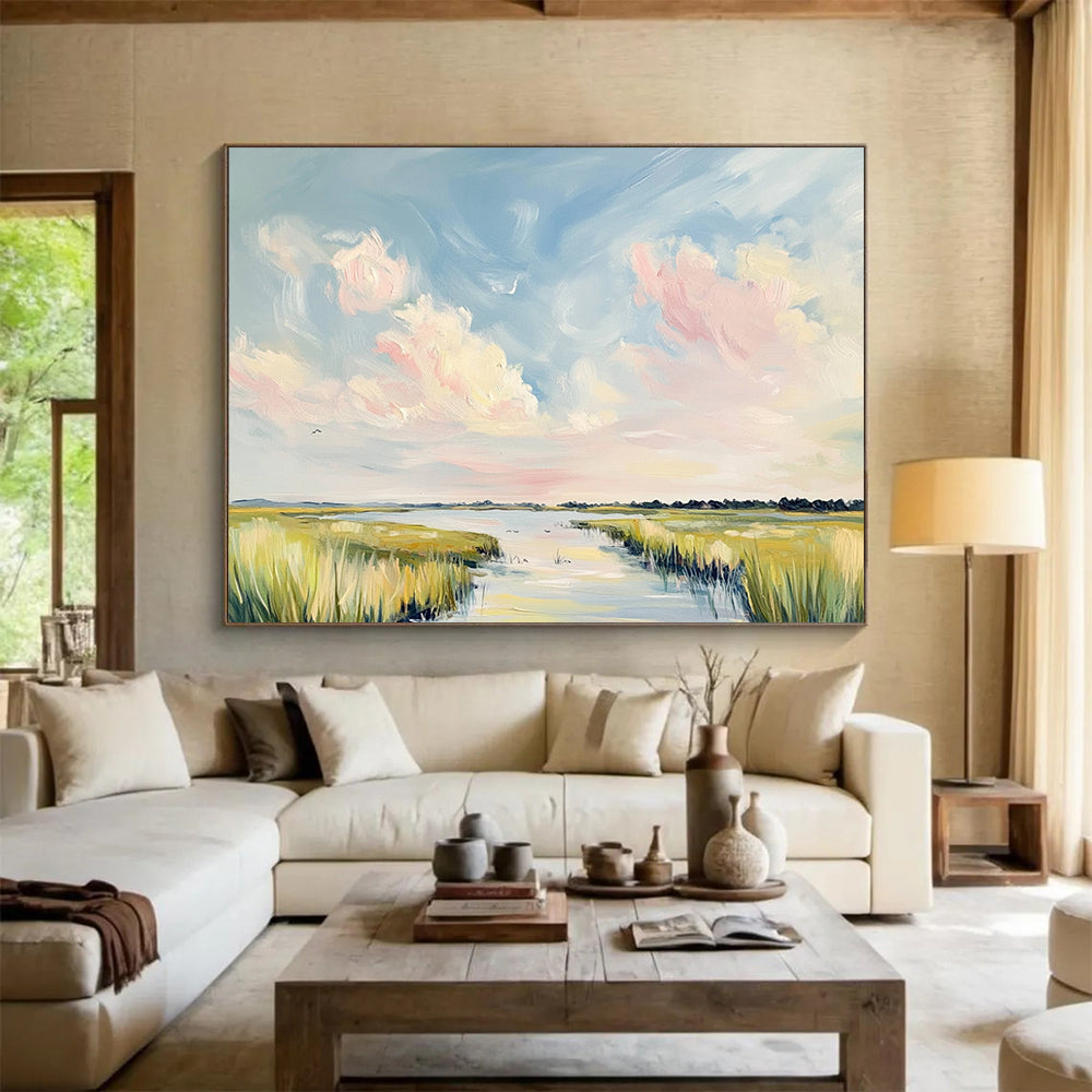 Pastel Sky Over Marshland - Soft Impressionistic Landscape Painting On Canvas HB0440