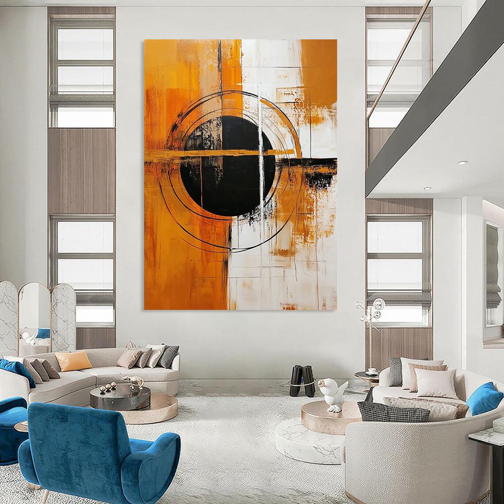 Large contemporary hand-painted abstract artwork featuring a central black circle on an orange and white background with geometric shapes and bold colors. DLZ0505