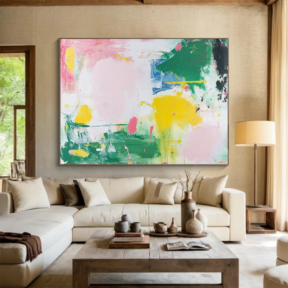 “Soft Color Splash Abstract” - Pink, Green, Yellow, Blue with Gentle Splashes - Painting On Canvas HB1369
