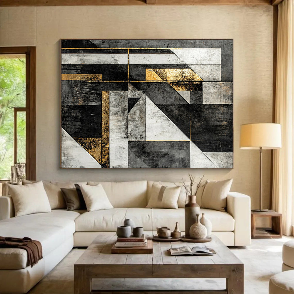Black, White, Gray, Gold, Modular Geometry "Gilded Block Party" Abstract Constructivist - Inspired Painting On Canvas HB129