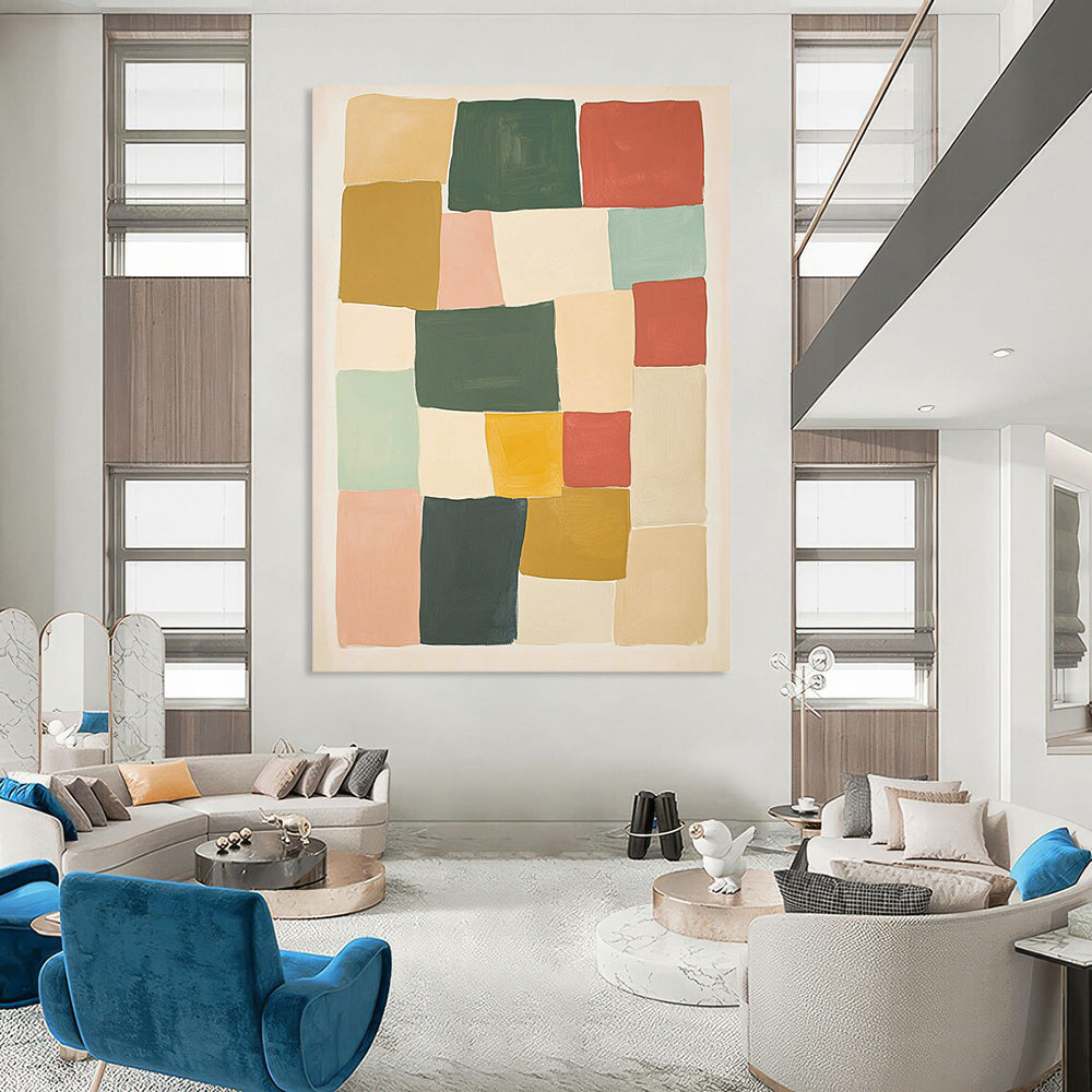 Contemporary hand-painted abstract artwork features geometric blocks in shades of green red and yellow against a beige background creating a harmonious composition. DLZ1596
