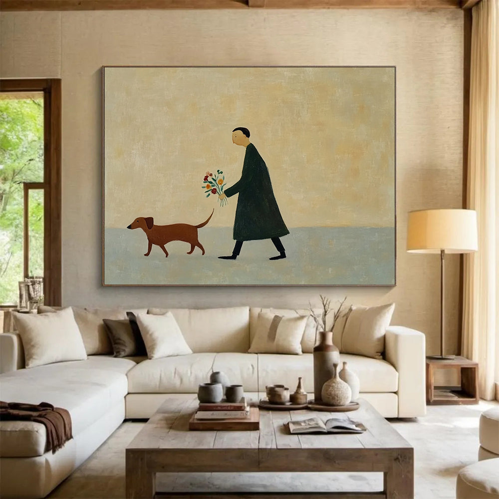 “Man Walking Dog with Flowers” - Simple figures, muted colors, peaceful scene, Minimalist Narrative Painting On Canvas HB0603