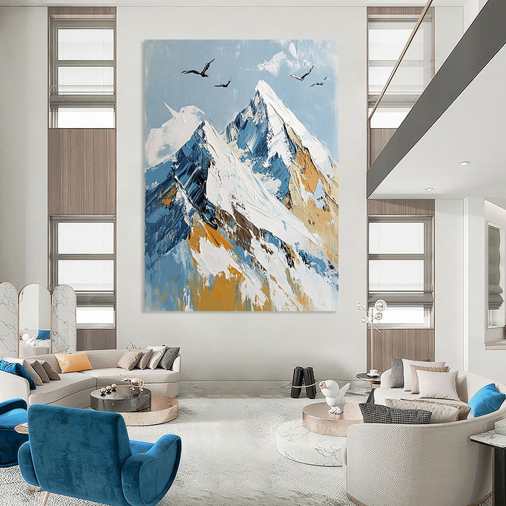 Contemporary abstract painting depicting Mount Everest's summit with flying birds, featuring a serene palette of white, blue, and gold. DLZ0493