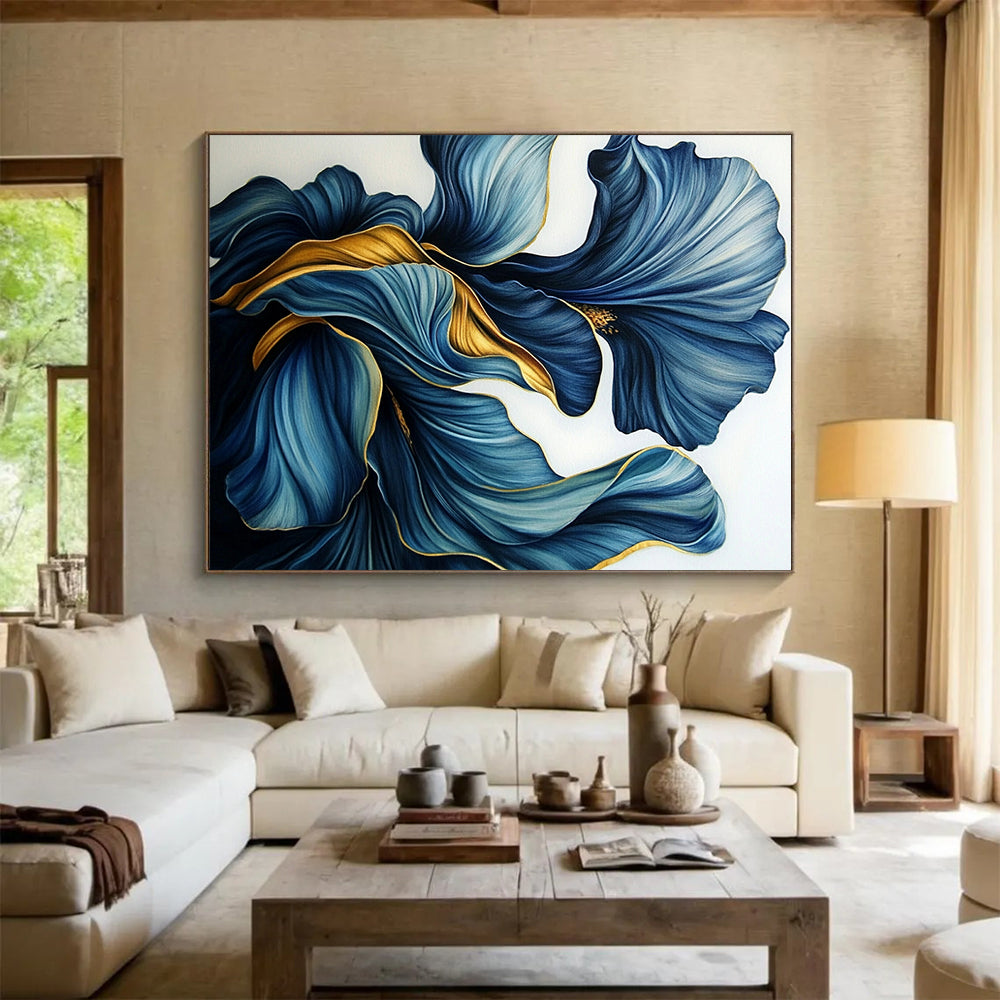 “Blue - Gold Petal Swirls” - Intricate blue petals with golden accents, Floral Realism Painting On Canvas HB0536