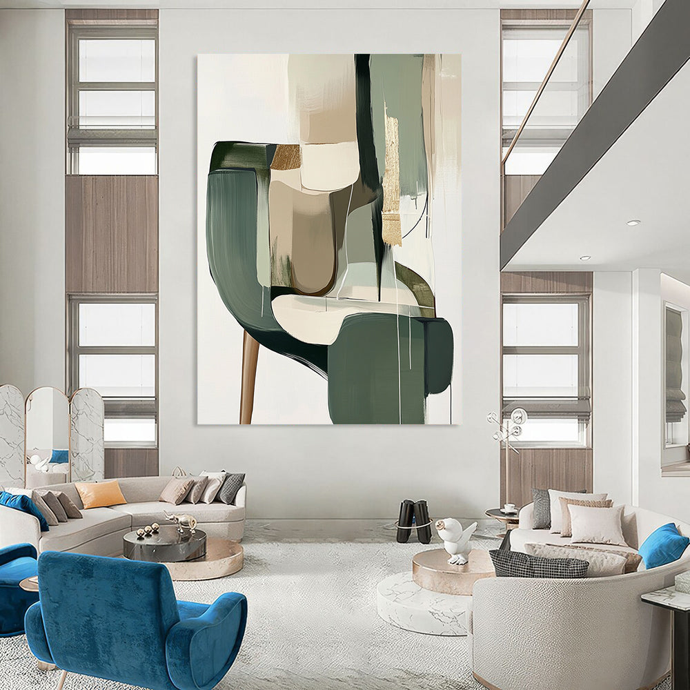 Contemporary hand-painted abstract artwork features muted sage green and neutral tones with gold foil accents and geometric shapes in a minimalistic Japandi style. DLZ0512