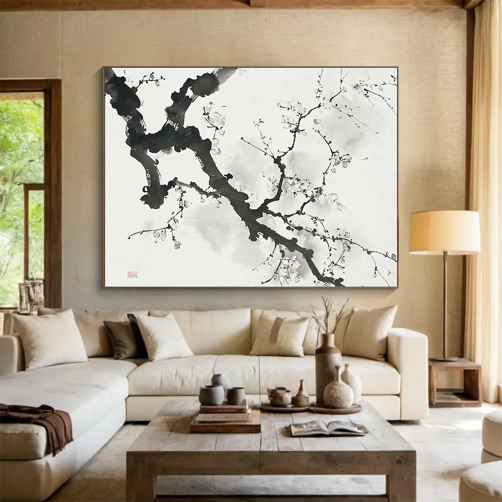 Black and White Ink - style Plum Blossom "Serene Bloom" Painting On Canvas HB322