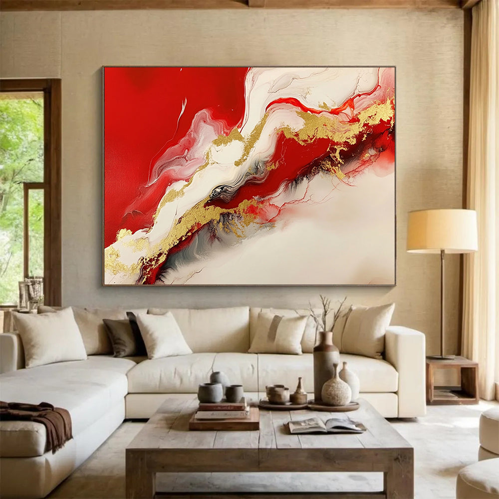 “Red White Gold Flow” - Red, White, Gold - Fluid Abstract Swirls - Resin Painting HB1299