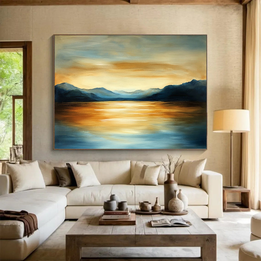 “Mountain Lake Sunset” - Blues, Oranges, Golds, Lake Surrounded by Mountains at Sunset - Acrylic Painting HB1608