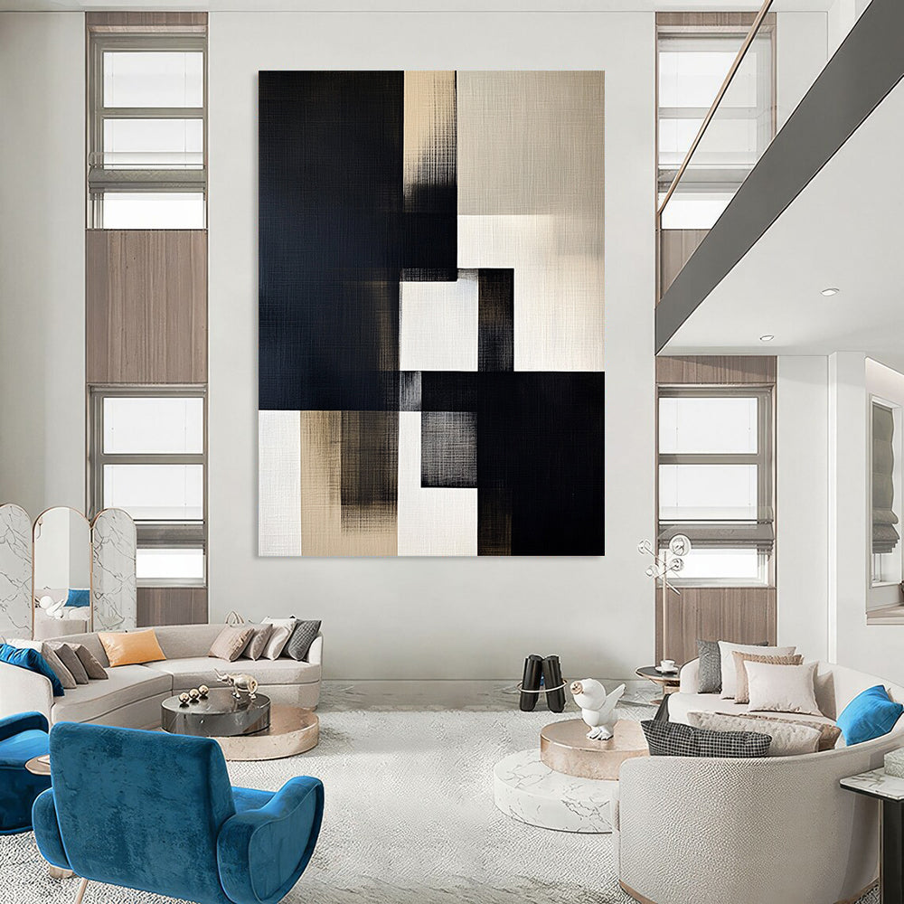 Contemporary hand-painted abstract artwork featuring black, white, and gray geometric shapes on off-white linen with illuminated highlights. DLZ1307