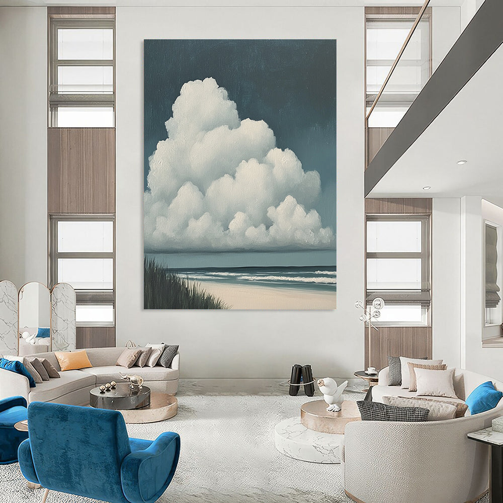 Contemporary hand-painted abstract art featuring clouds on the beach with large white clouds and a dark blue sky in muted colors. DLZ1679
