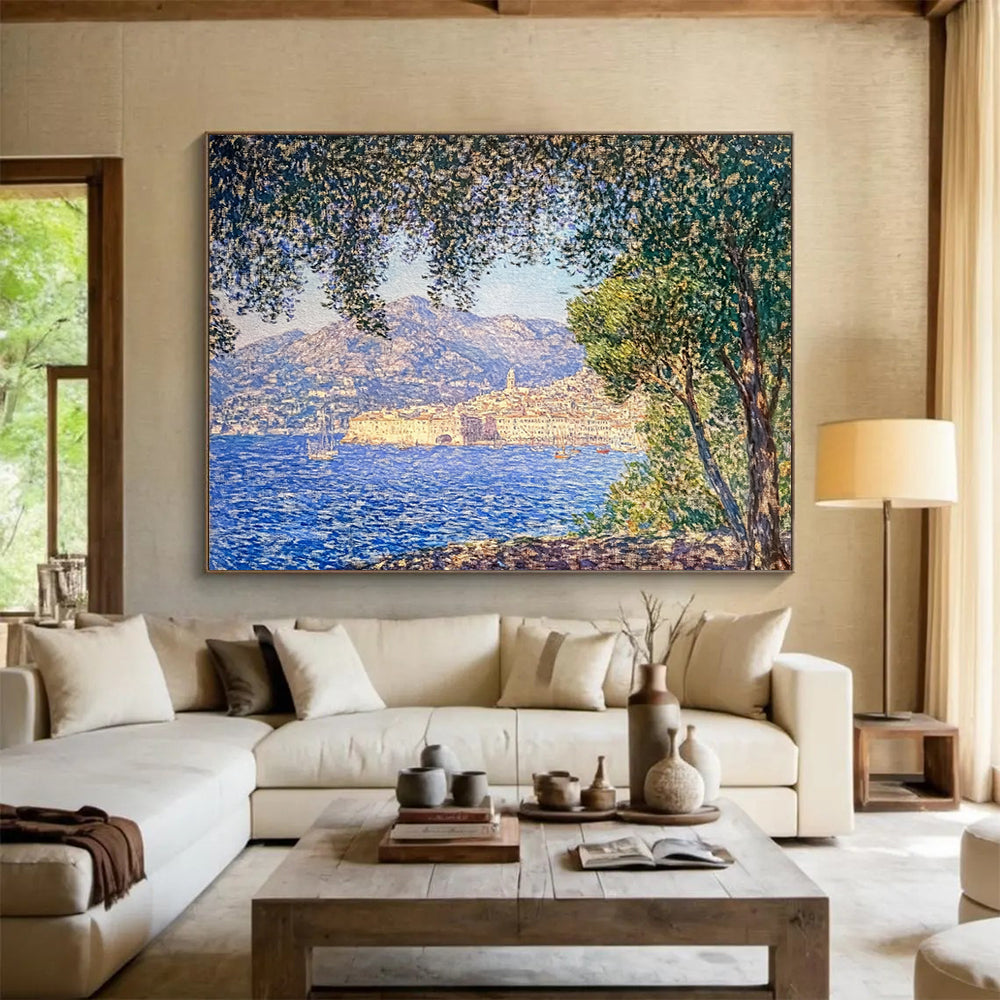 “Impressionist Coastal Scene” - Blue, green, beige, Impressionist Landscape Painting HB0630