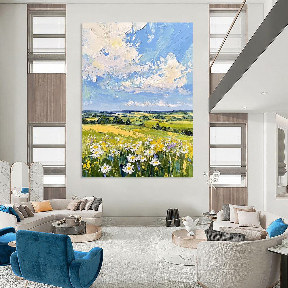 Contemporary large hand-painted abstract artwork showcasing serene English countryside with gentle hills soft blue sky and calming daisies. DLZ1421
