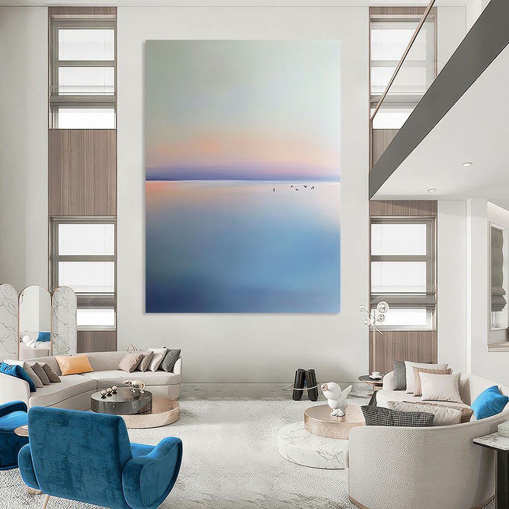 Contemporary hand-painted abstract artwork featuring a light blue and purple sky, birds, calm horizon, and serene beach in a minimalist style. DLZ0648