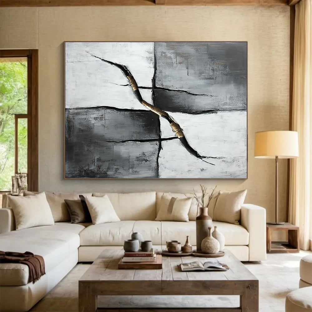 Gray, Black, White and Gold Kintsugi - Inspired "Golden Repair" Painting On Canvas HB359