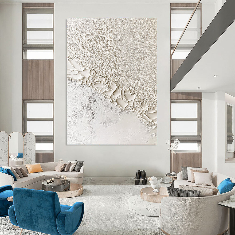 Contemporary hand-painted abstract artwork featuring textured white waves at the wall and ceiling edge, symbolizing creativity and innovation in architectural design. DLZ1215