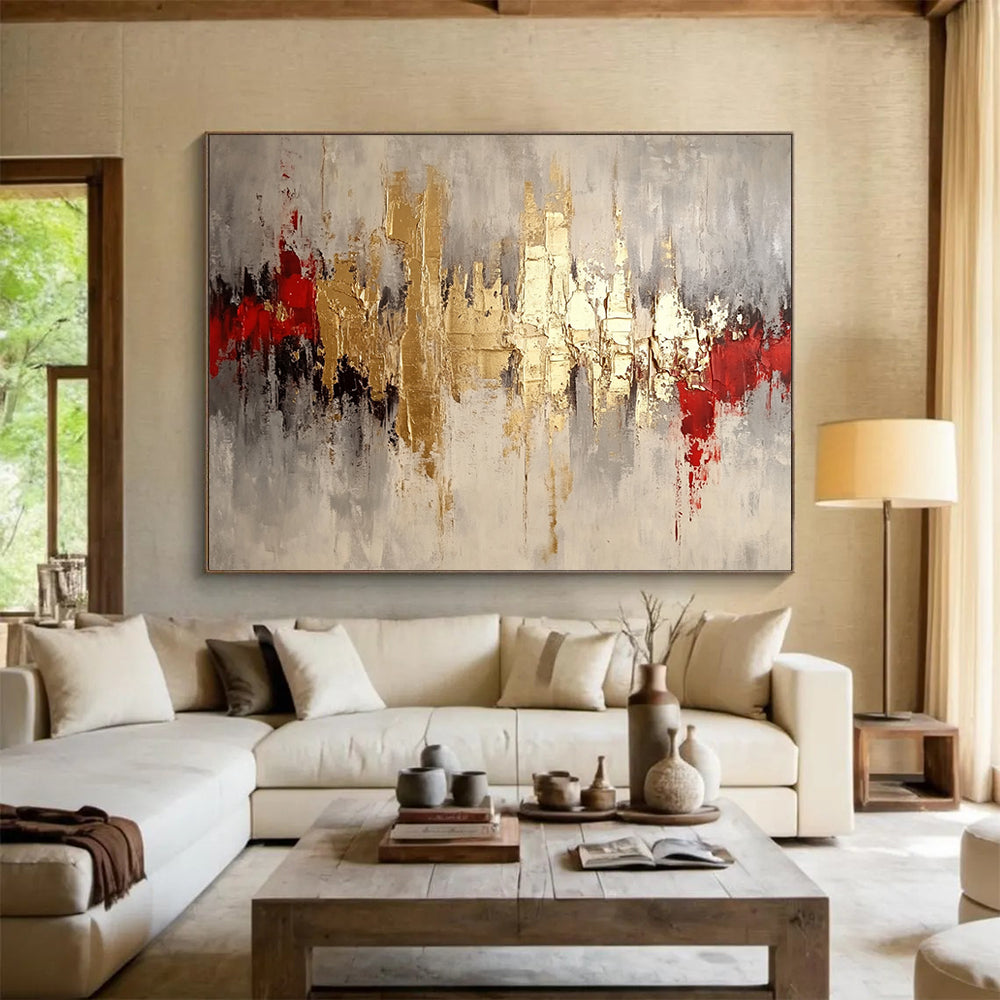 “Gilded Cityscape” - Gold, Gray, Red, Textured Abstract Skyline Painting On Canvas HB1042