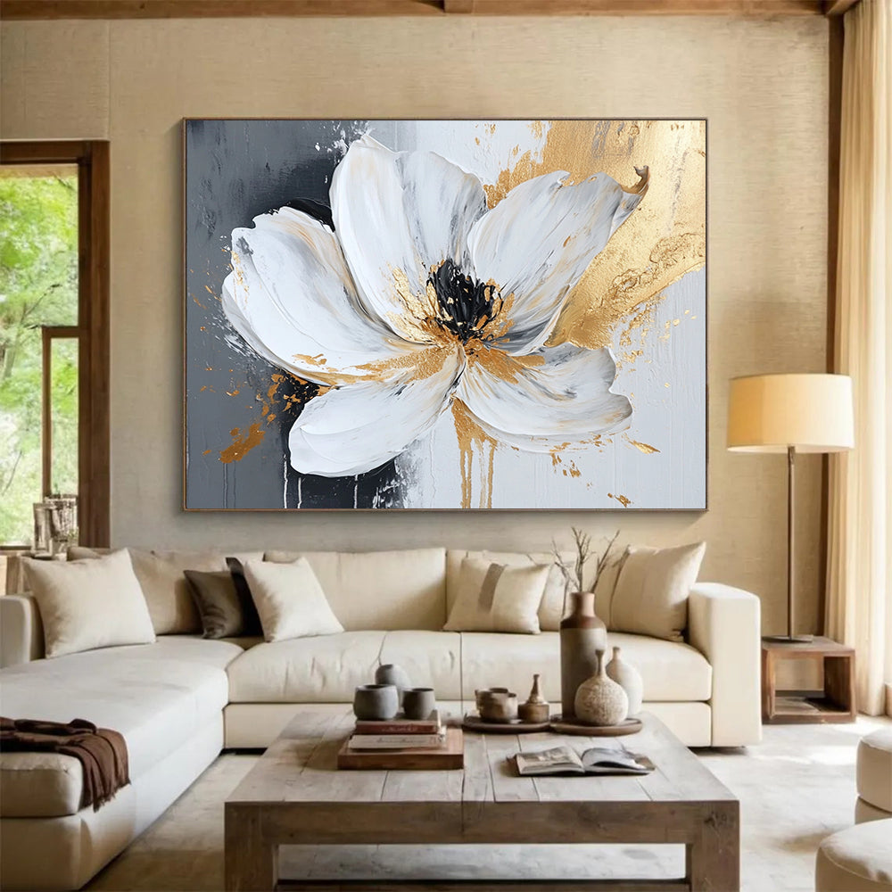 “Gilded White Flower” - White Petals, Gold Accents, Black Center, Textured Floral Painting On Canvas HB1103