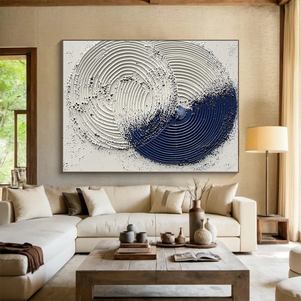 “Textured Circular Abstract” - White, Navy Blue with Raised Circles - Painting On Canvas HB1385