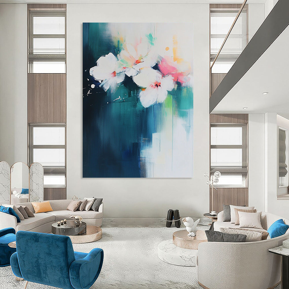 Contemporary abstract art featuring bold brush strokes on a white backdrop with aqua blue and pink floral accents. DLZ0750