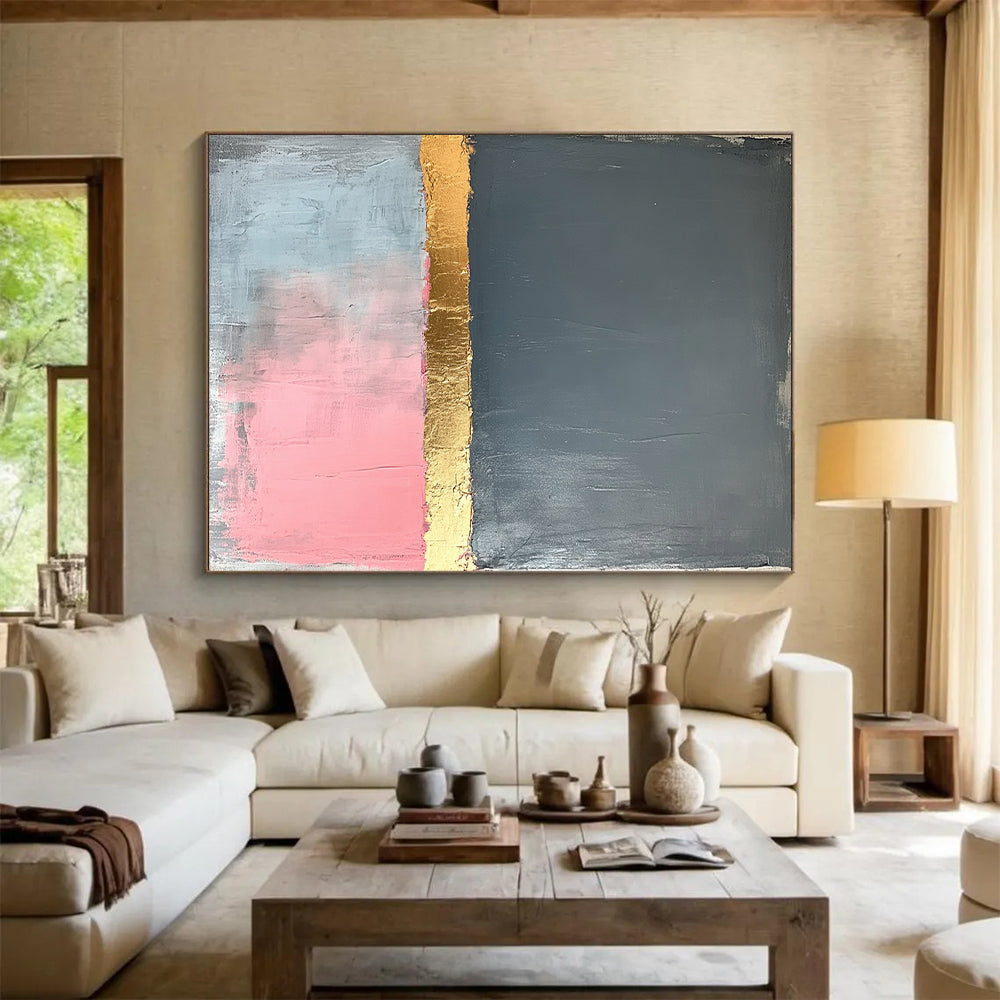 Gray, Gold, Pink, Blue, Horizontal Layers "Gilded Color Divide" Abstract Hard - Edge Painting On Canvas HB165